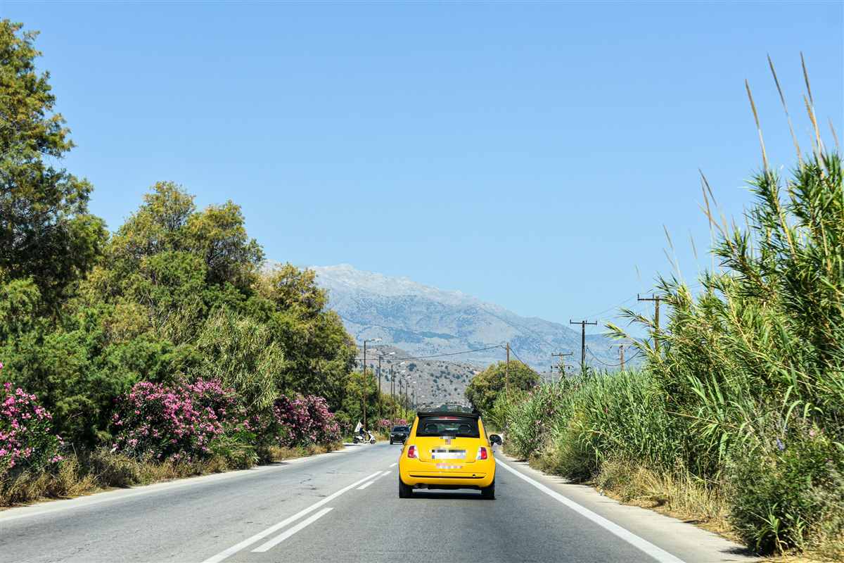 Car rental Greece: a yellow Fiat 500 convertible with its roof closed drives away from the camera along a sunny two-lane road in Greece, with pink oleander, reeds and a dry mountain ahead under a clear blue sky.