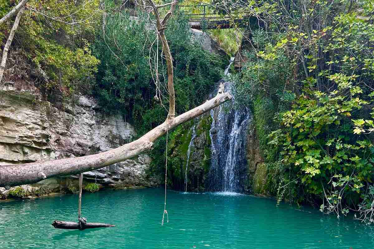 Paphos Coral Bay and Adonis Baths tour: a small waterfall dropping over mossy grey rock into a bright turquoise pool, with a long leaning tree trunk and a rope swing over the water, green shrubs on both banks and a footbridge above