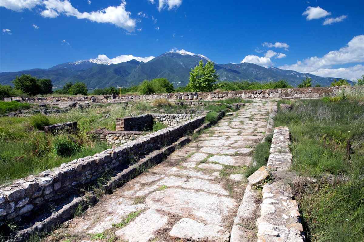 Thessaloniki Dion and Mount Olympus day trip: a worn stone-paved ancient street between low rubble walls at the Dion site, green grass on both sides and the dark green, snow-capped Olympus range under a bright blue sky with white clouds